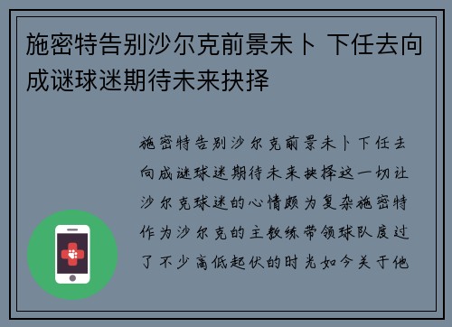 施密特告别沙尔克前景未卜 下任去向成谜球迷期待未来抉择